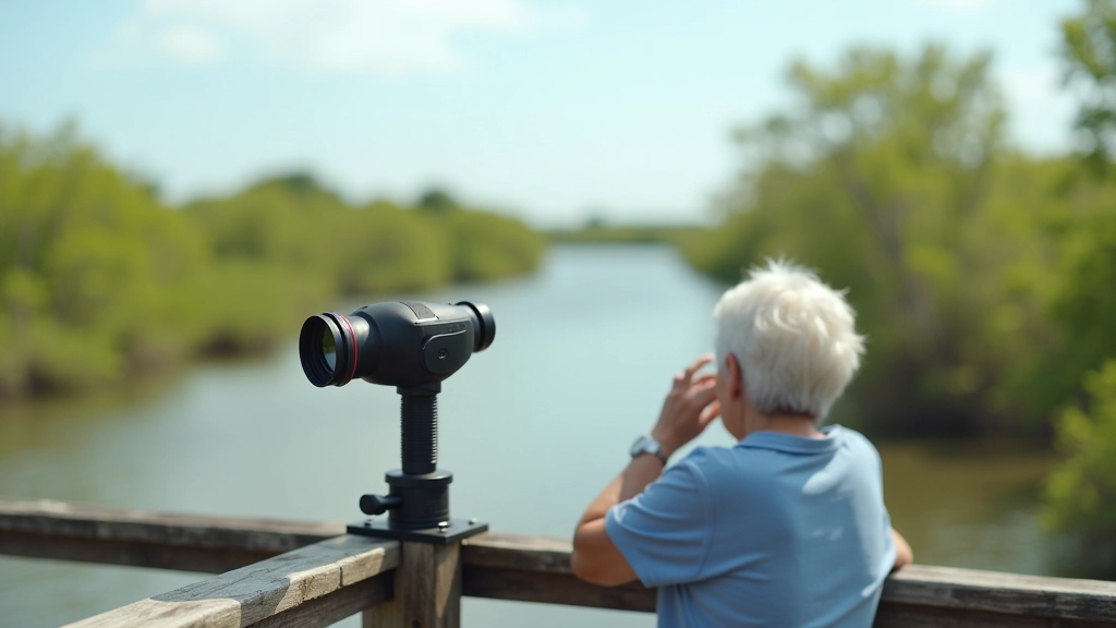 Observatorio de aves con binoculares apoyados en la barandilla, vista de laguna y manglares al fondo durante el día