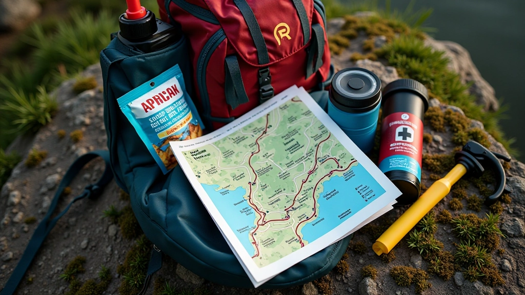 Mochila de senderismo preparada con equipo esencial: botella de agua, snacks, botiquín de primeros auxilios y mapa