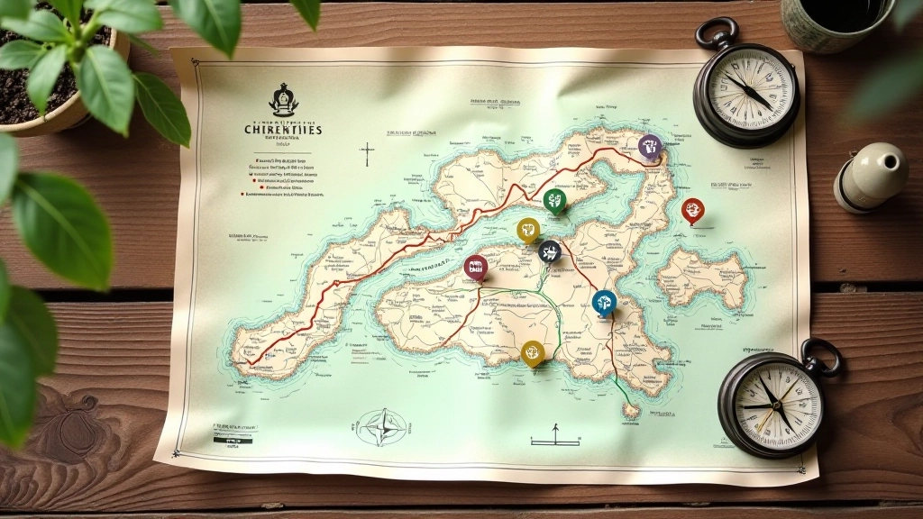 Mapa de senderos laminado sobre una mesa de madera con marcadores de ruta y una brújula vintage