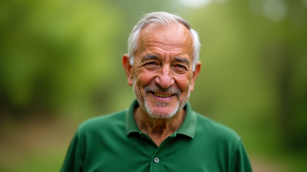 Hombre mayor en camisa verde, expresión amable, cabello blanco, naturalista, retrato de pecho hacia arriba, luz natural, enfoque agudo