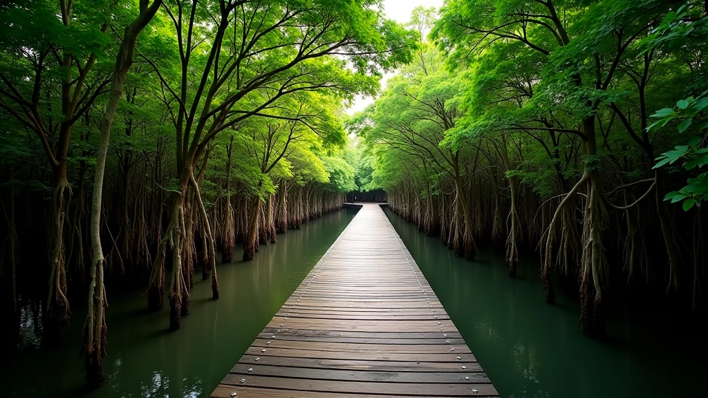 Vista cercana de un sendero de madera elevado entre manglares densos con raíces aéreas visibles, luz natural filtrada