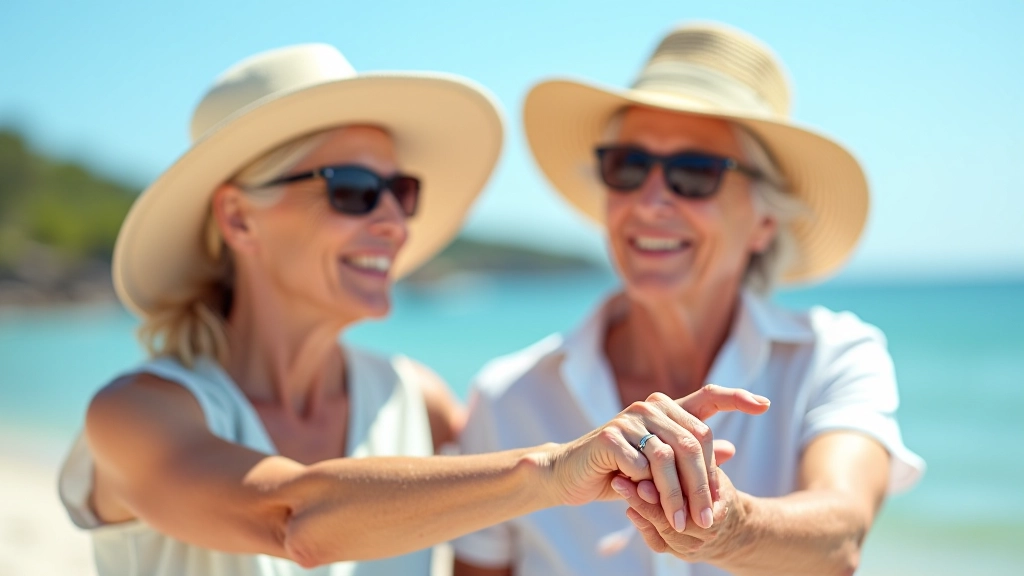 Personas mayores usando sombreros, gafas de sol y aplicándose protector solar en una playa costera