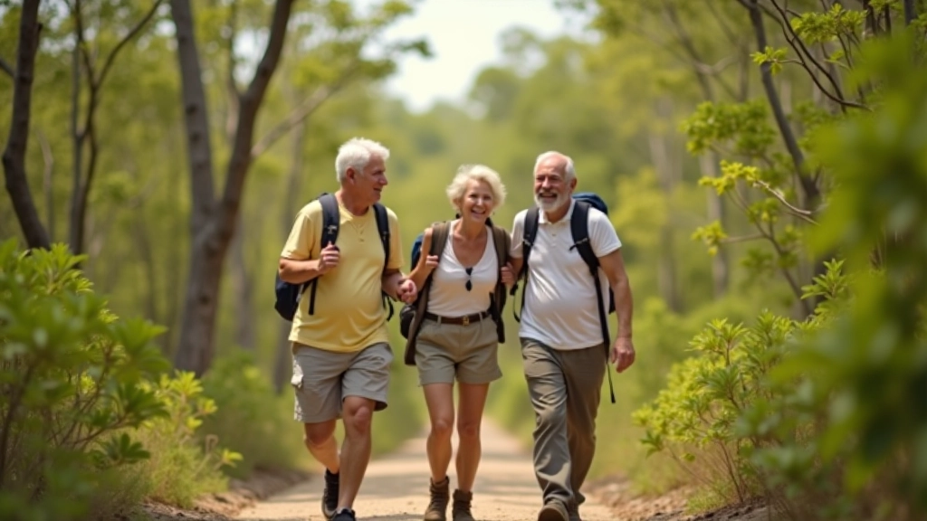 Grupo de adultos mayores caminando juntos por un sendero de manglares, sonriendo, luz natural clara, ambiente tranquilo