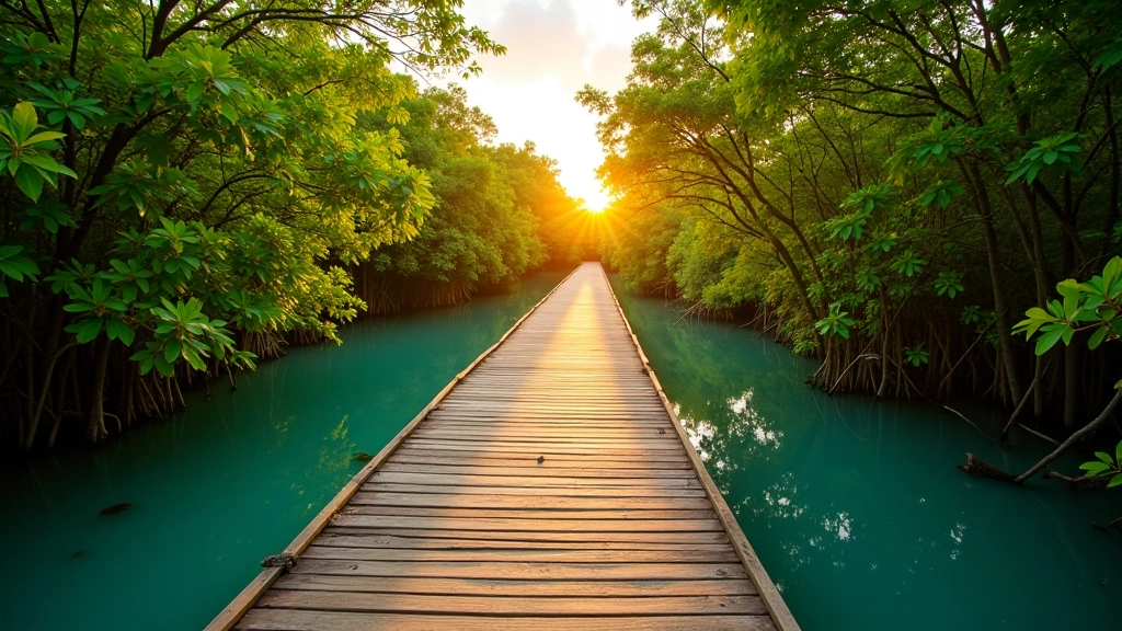 Sendero de manglar con agua turquesa y vegetación exuberante al atardecer, ambiente tranquilo y seguro para caminatas