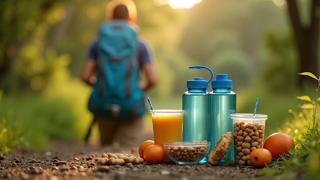 Botellas de agua y snacks saludables sobre una mochila de senderismo en ambiente natural