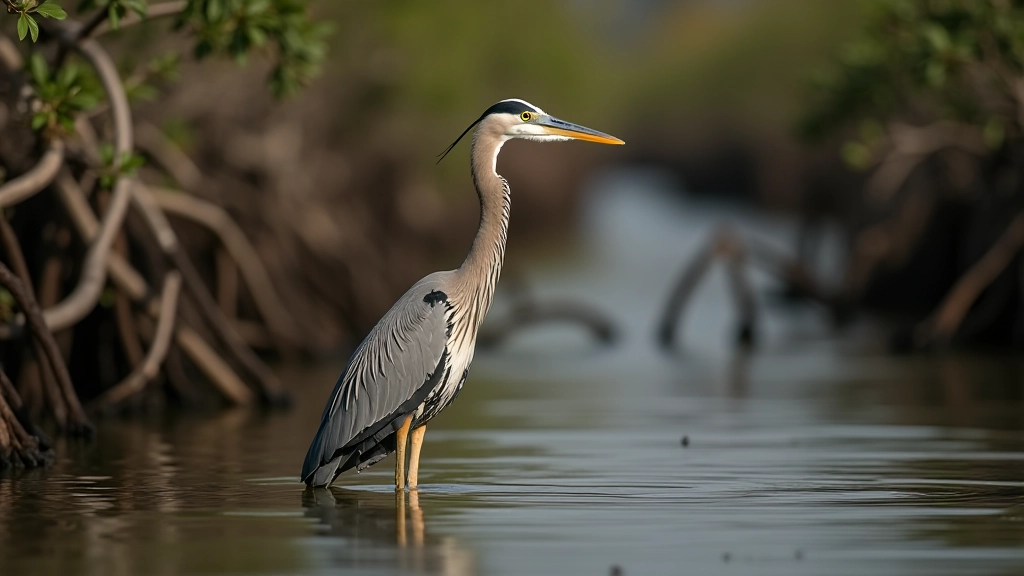 Heron gris parado en el agua entre manglares, reflejado en el agua tranquila, fotografía de vida silvestre clara