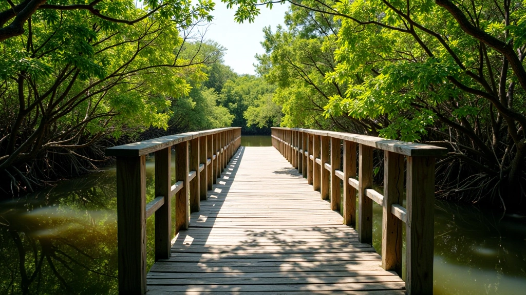 Puente de madera restaurado sobre agua con manglares a ambos lados, reflejos claros en el agua, luz natural cálida